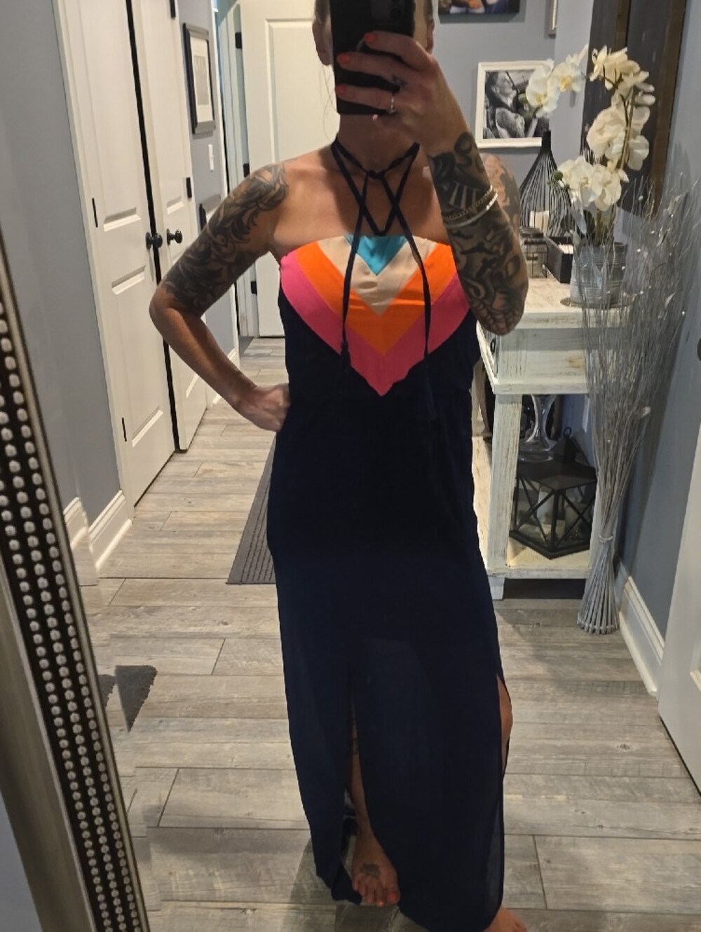 Jealous Tomato Navy Maxi Dress with Pink, Orange & Turquoise Chevron Bodice - Picture 2 of 6